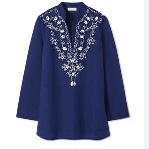 Rare Tory Burch Embellished Linen Tunic Tory Navy Size S NWOT